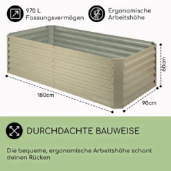 High Grow Straight Hochbeet 180x60x90cm 970l Stahl Verzinkt Beige -Wundervoller Gartenladen 10032317 DE 0005 usp