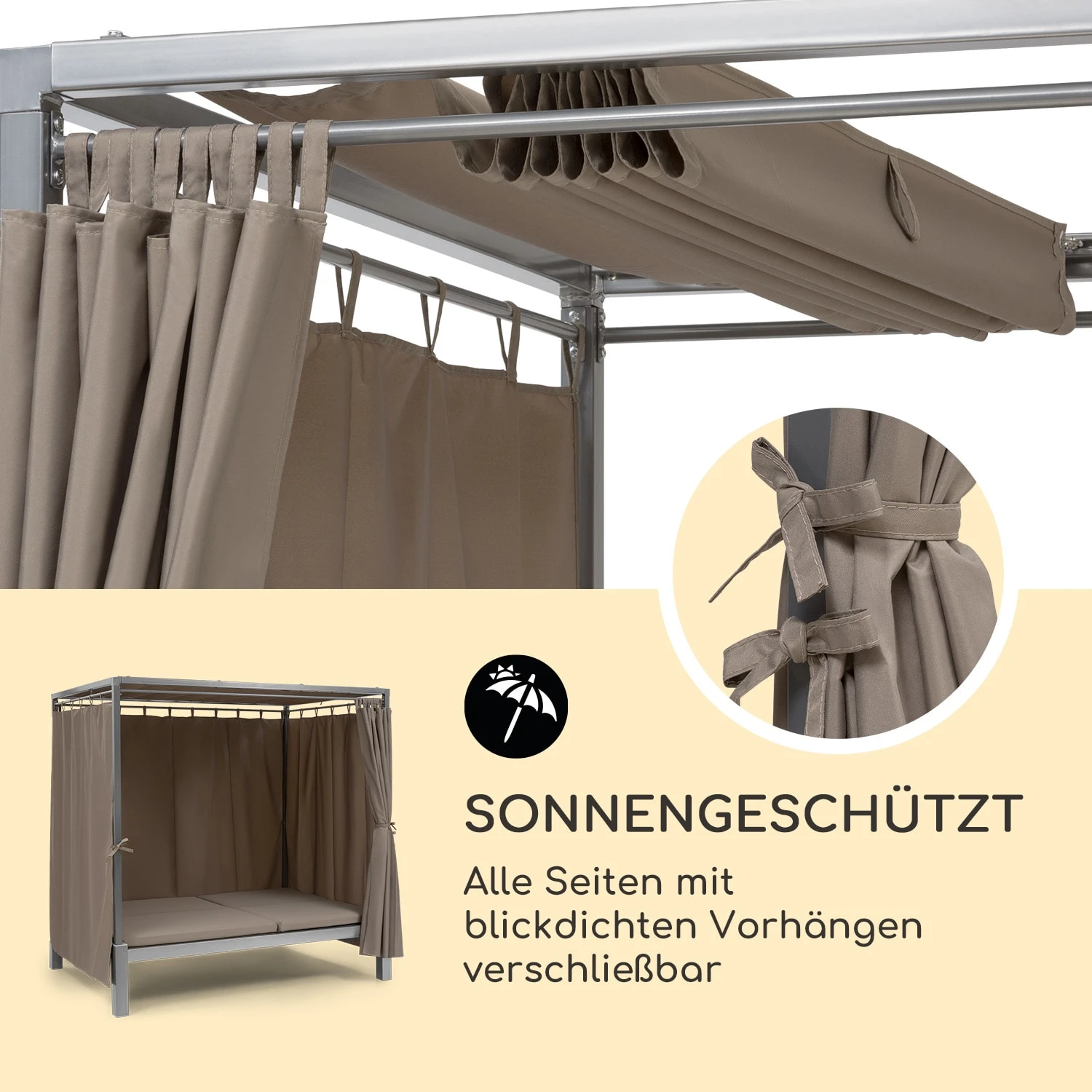 Eremitage Double Sunbed 2 Pers Stahl-Rahmen Sonnendach Vorhänge Taupe 5 Eremitage Double Sunbed 2 Pers Stahl-Rahmen Sonnendach Vorhänge Taupe – Bild 3