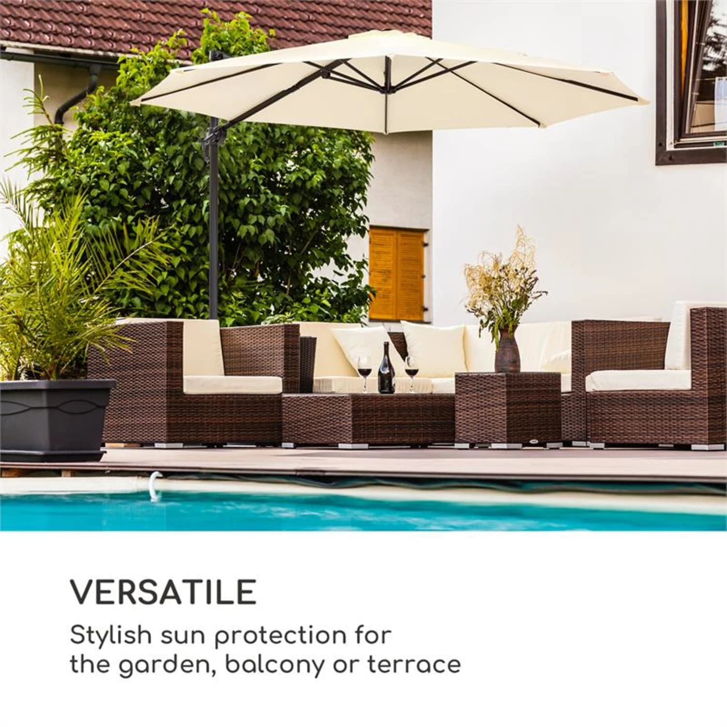 Belo Horizonte Sonnenschirm Sonnenschutz Ø 292cm Polyester Wasserabweisend Inkl. Standbasis Creme 6 Belo Horizonte Sonnenschirm Sonnenschutz Ø 292cm Polyester Wasserabweisend Inkl. Standbasis Creme – Bild 4